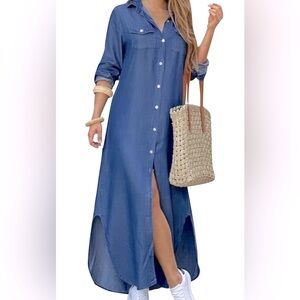 Women’s casual casual print button front maxi shirt dress